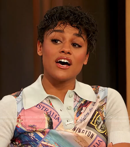 Ariana DeBose’s postcard print polo on The Drew Barrymore Show