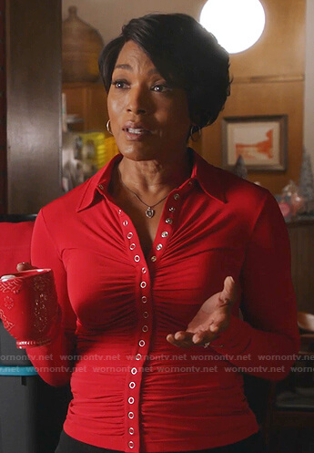Athena’s red ruched shirt on 9-1-1