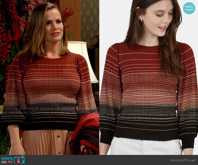 Autumn Cashmere Ombre Stripe Puff Sleeve Crew In Cognac / Brown worn by Chelsea Lawson (Melissa Claire Egan) on The Young & the Restless