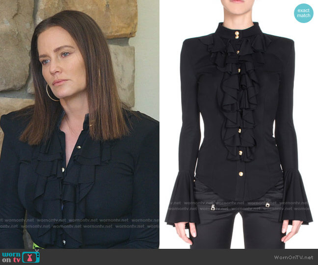 Button-Front Ruffle Blouse by Balmain worn by Meredith Marks  on The Real Housewives of Salt Lake City