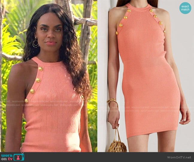 Button-Embellished Ribbed-Knit Mini Dress by Balmain worn by Michelle Young  on The Bachelorette