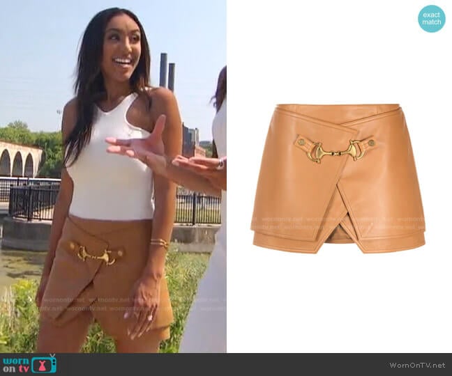 Short Layered Leather Wrap Skirt by Balmain worn by Tayshia Adams on The Bachelorette