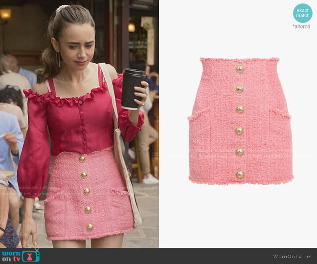 High-Waisted Tweed Skirt by Balmain worn by Emily Cooper (Lily Collins) on Emily in Paris