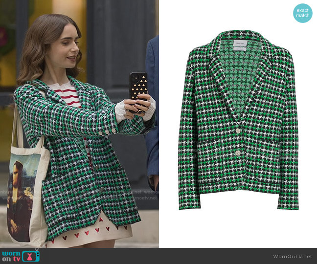 Knit Houndstooth Jacket by Barrie worn by Emily Cooper (Lily Collins) on Emily in Paris