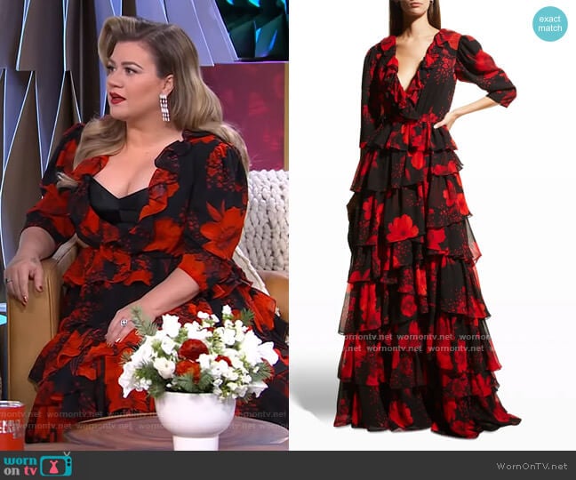 Floral-Print Ruffle-Tiered A-Line Gown by Basix worn by Kelly Clarkson on The Kelly Clarkson Show