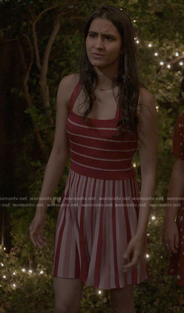 Bela's red striped dress on The Sex Lives of College Girls