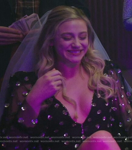 Betty’s black and gold embellished dot dress on Riverdale
