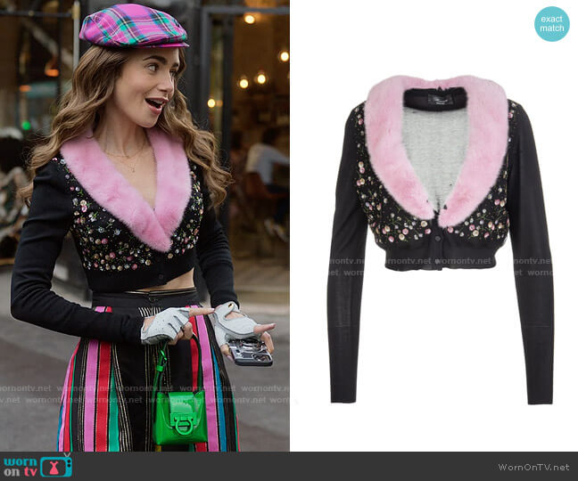 Blumarine Sequin-embellished V-neck cardigan  worn by Emily Cooper (Lily Collins) on Emily in Paris
