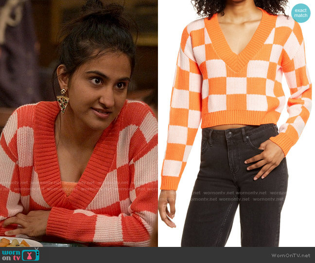 BP Check V-Neck Crop Sweater worn by Bela Malhotra (Amrit Kaur) on The Sex Lives of College Girls
