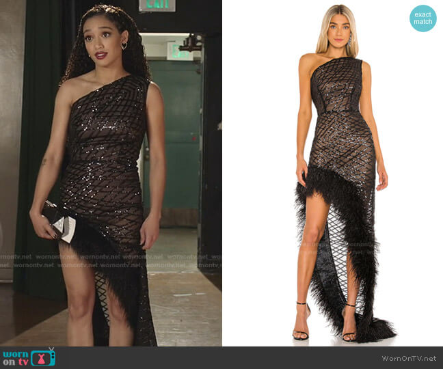 Lola Sheer Feather Gown by Bronx and Banco worn by Olivia Baker (Samantha Logan) on All American