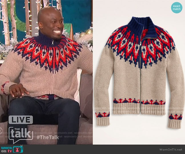 Handknit Fair Isle Full-Zip by Brooks Brothers worn by Akbar Gbajabiamila on The Talk