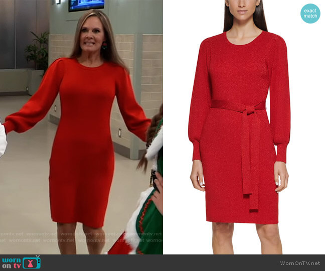 Metallic Tie-Waist Sweater Dress by Calvin Klein worn by Lucy Coe (Lynn Herring) on General Hospital