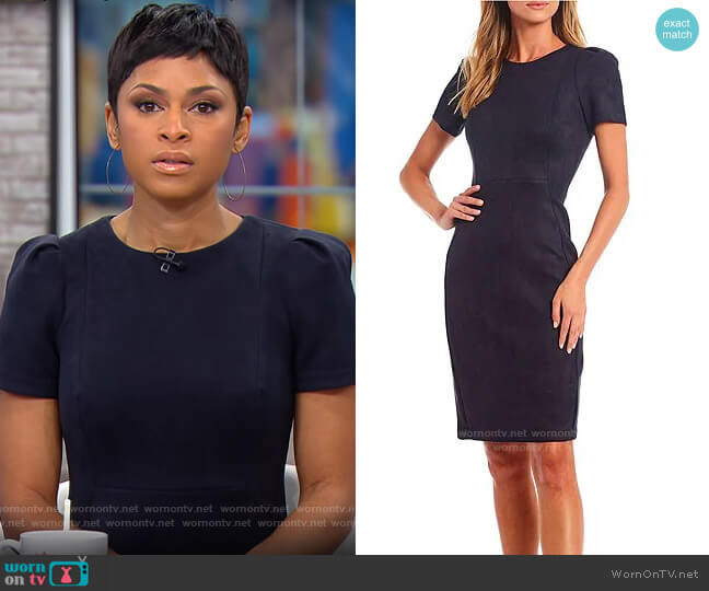 Calvin Klein Scuba Suede Round Neck Short Sleeve Sheath Dress worn by Jericka Duncan  on CBS Mornings