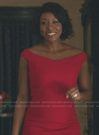Camille's red off-shoulder sheath dress on Gossip Girl