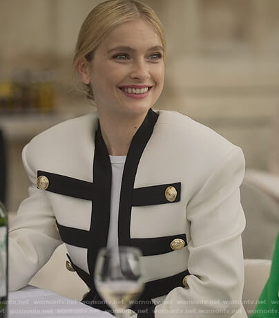Camille’s white military blazer on Emily in Paris