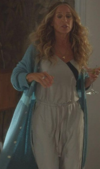 Carrie’s grey lounge jumpsuit and long blue striped cardigan on And Just Like That