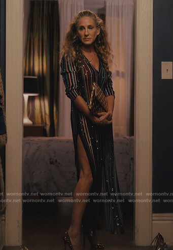 Carrie's sequin striped dress gold embellished heels on And Just Like That