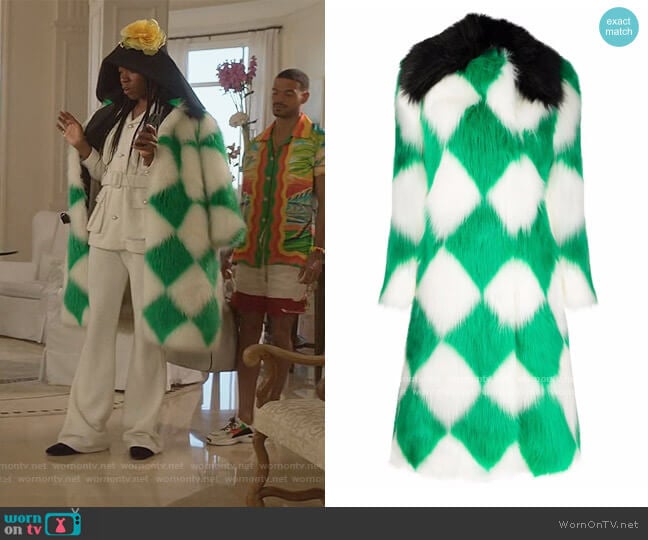 Diamond-check Faux-fur Coat by Casablanca worn by Jeremy O. Harris on Emily in Paris