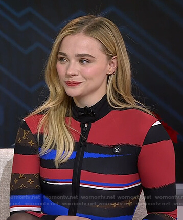 Chloe Grace Moretz’s multicolor striped half zip top and skirt on Today