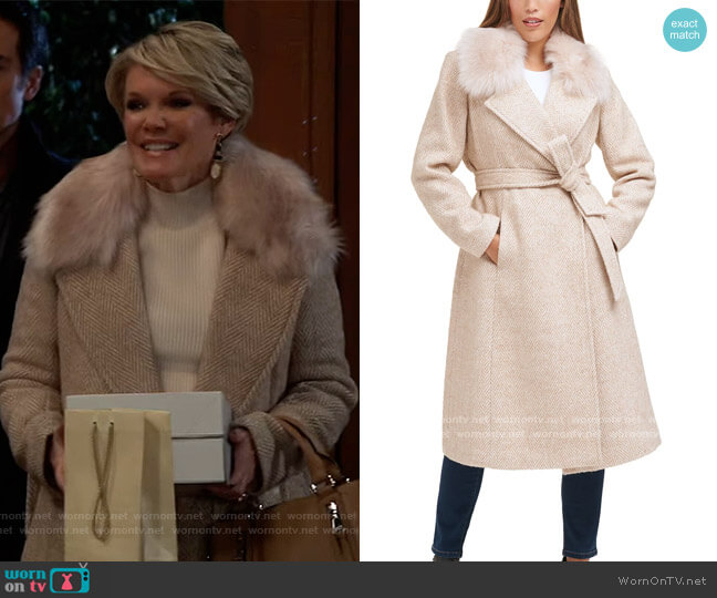 Herringbone Faux-Fur-Collar Belted Wrap Coat by Cole Haan worn by Ava Jerome (Maura West) on General Hospital