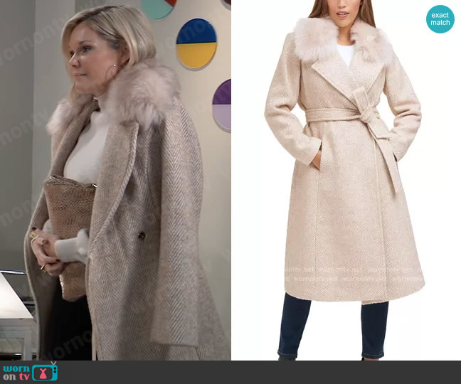 Cole Haan Herringbone Faux-Fur-Collar Belted Wrap Coat worn by Ava Jerome (Maura West) on General Hospital