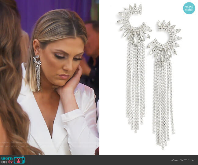 Crescent Fringe Statement Earrings by Cristabelle worn by Gina Kirschenheiter on The Real Housewives of Orange County