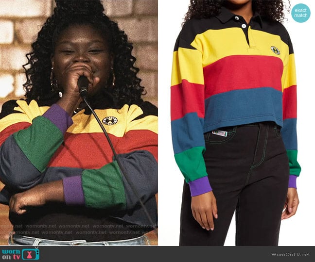 Crop Stripe Panel Rugby Top by Cross Colours worn by Olivia Bucknor (Olivia Bucknor) on Queens