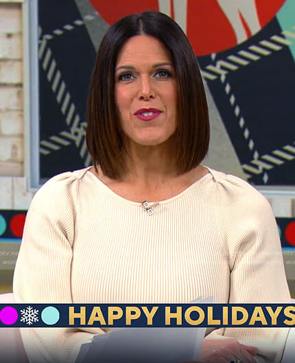 Dana Jacobson's ivory ribbed sweater dress on CBS Saturday Morning