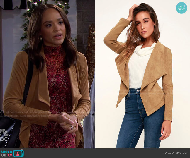 Earned It Tan Suede Lace-Up Back Jacket by BB Dakota worn by Lani Price (Sal Stowers) on Days of our Lives