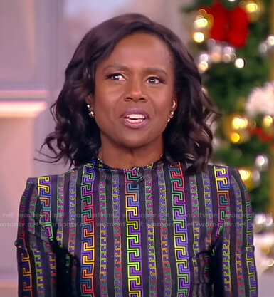 Deborah Roberts’s multicolor printed top and skirt on The View