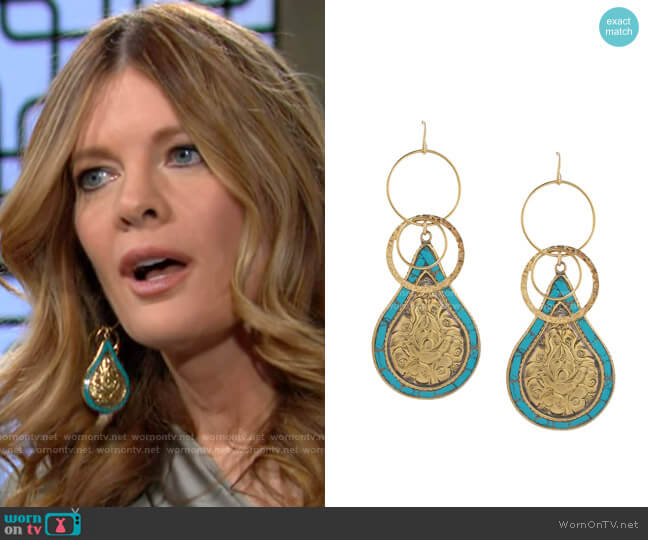 Devon Leigh Turquoise and Brass Ethnic Earrings worn by Phyllis Summers (Michelle Stafford) on The Young & the Restless