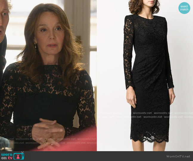 Ruched Lace Midi Dress by Dolce and Gabbana worn by Sylvie (Philippine Leroy-Beaulieu) on Emily in Paris