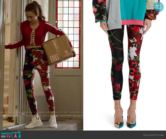 Dolce & Gabbana Floral Print-Block Jersey Leggings worn by Emily Cooper (Lily Collins) on Emily in Paris