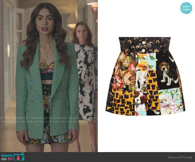 High-Rise Patchwork Jacquard Shorts by Dolce & Gabbana worn by Emily Cooper (Lily Collins) on Emily in Paris