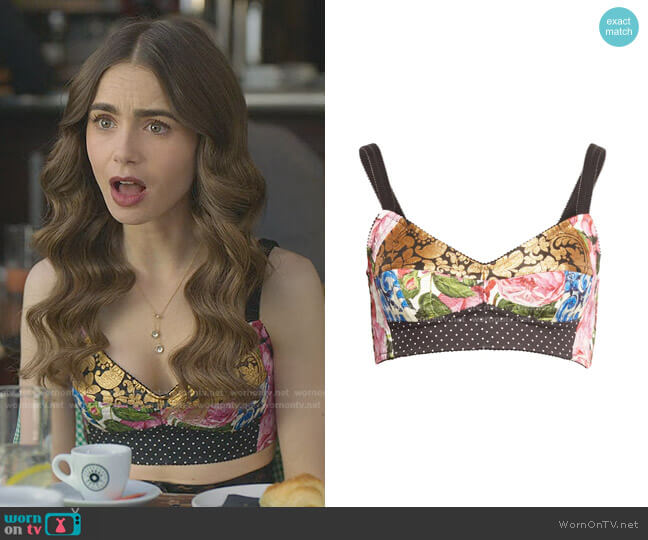 Patchwork Brocade Bustier Crop Top by Dolce & Gabbana worn by Emily Cooper (Lily Collins) on Emily in Paris