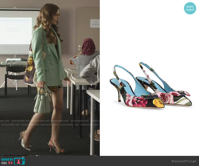 Floral Print Slingback Pumps by Dolce & Gabbana worn by Emily Cooper (Lily Collins) on Emily in Paris
