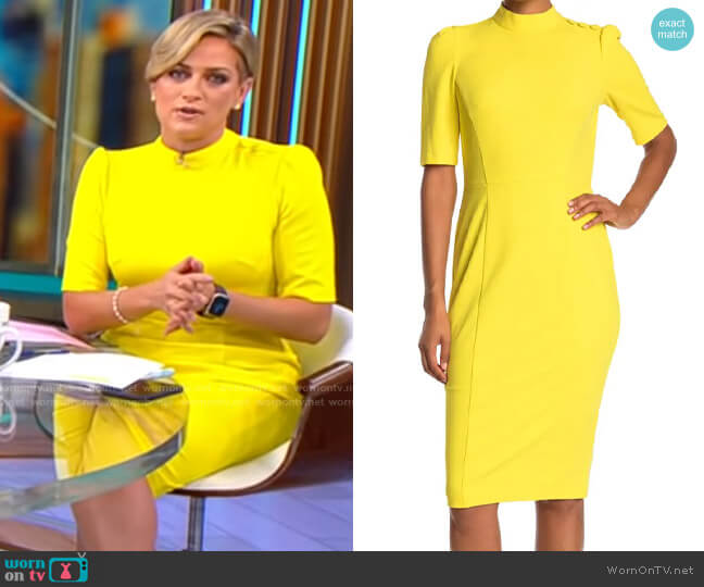 Donna Morgan Stretch Crepe Mock Neck Button Dress worn by Jamie Yuccas  on CBS Mornings