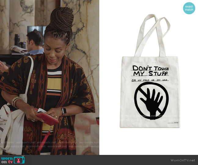 Don't Touch my Stuff Tote by David Shrigley worn by Dr. Nya Wallace (Karen Pittman) on And Just Like That