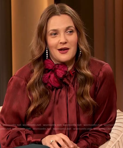 Drew’s red satin stripe blouse on The Drew Barrymore Show