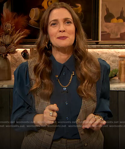 Drew’s blue chain embellished blouse on The Drew Barrymore Show