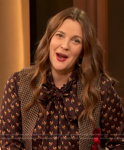 Drew’s brown camel print blouse on The Drew Barrymore Show