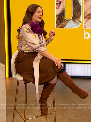 Drew’s floral tie neck blouse and skirt on The Drew Barrymore Show