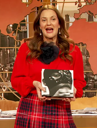 Drew’s red ruffle front blouse and plaid skirt on The Drew Barrymore Show