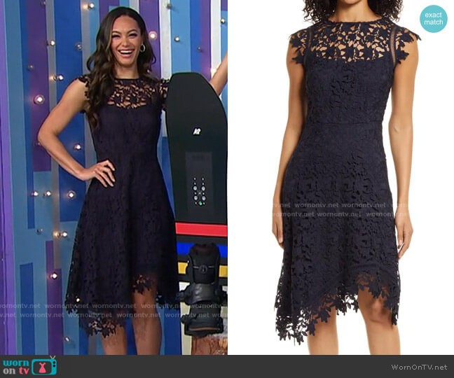 Eliza J Lace Asymmetric Cocktail Dress worn by Alexis Gaube on The Price is Right