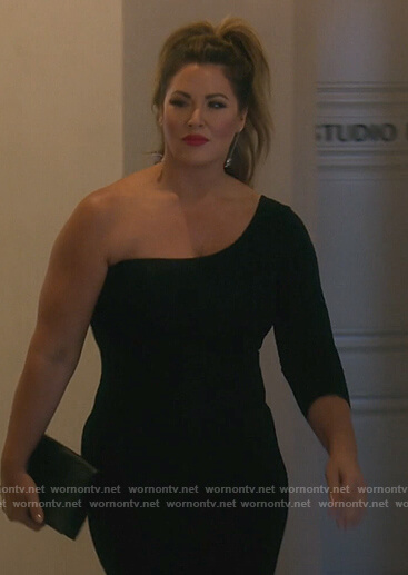 Emily’s black one shoulder dress on The Real Housewives of Orange County