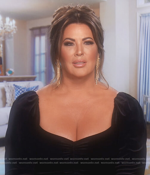 Emily’s black velvet confessional dress on The Real Housewives of Orange County