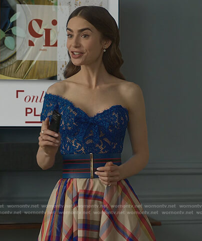 Emily's blue lace dress with plaid contrast on Emily in Paris