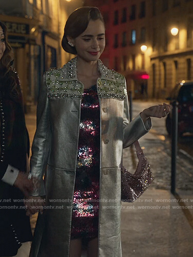 Emily's silver embroidered leather coat on Emily in Paris