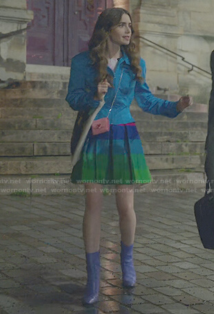 Emily's blue peplum zip jacket on Emily in Paris