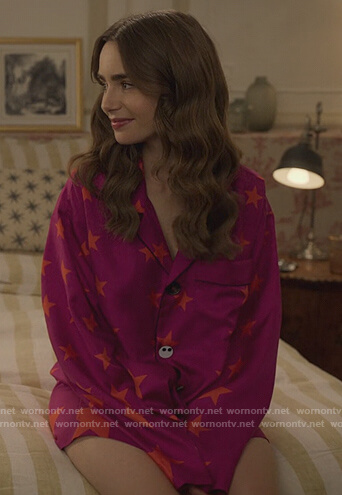 Emily's pink star print pajamas on Emily in Paris